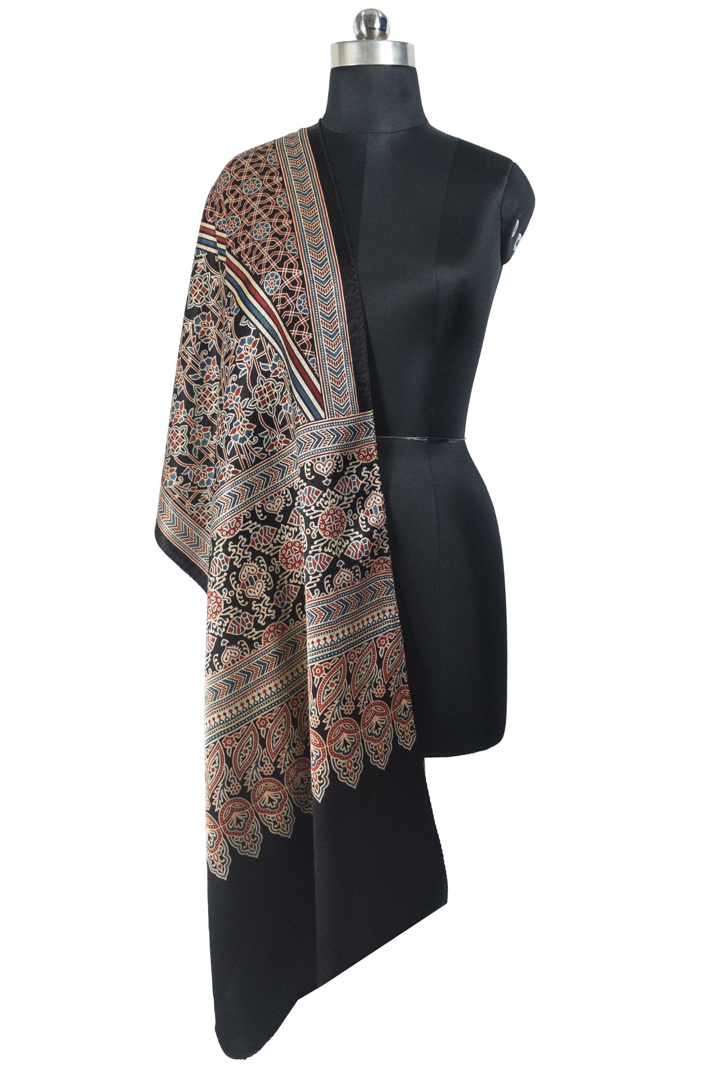 Ajrakh Mashru Silk Natural Dye Screen Print Hand Printed Stole  - 2.1 Mtr Length    -  SKU : JH25601M