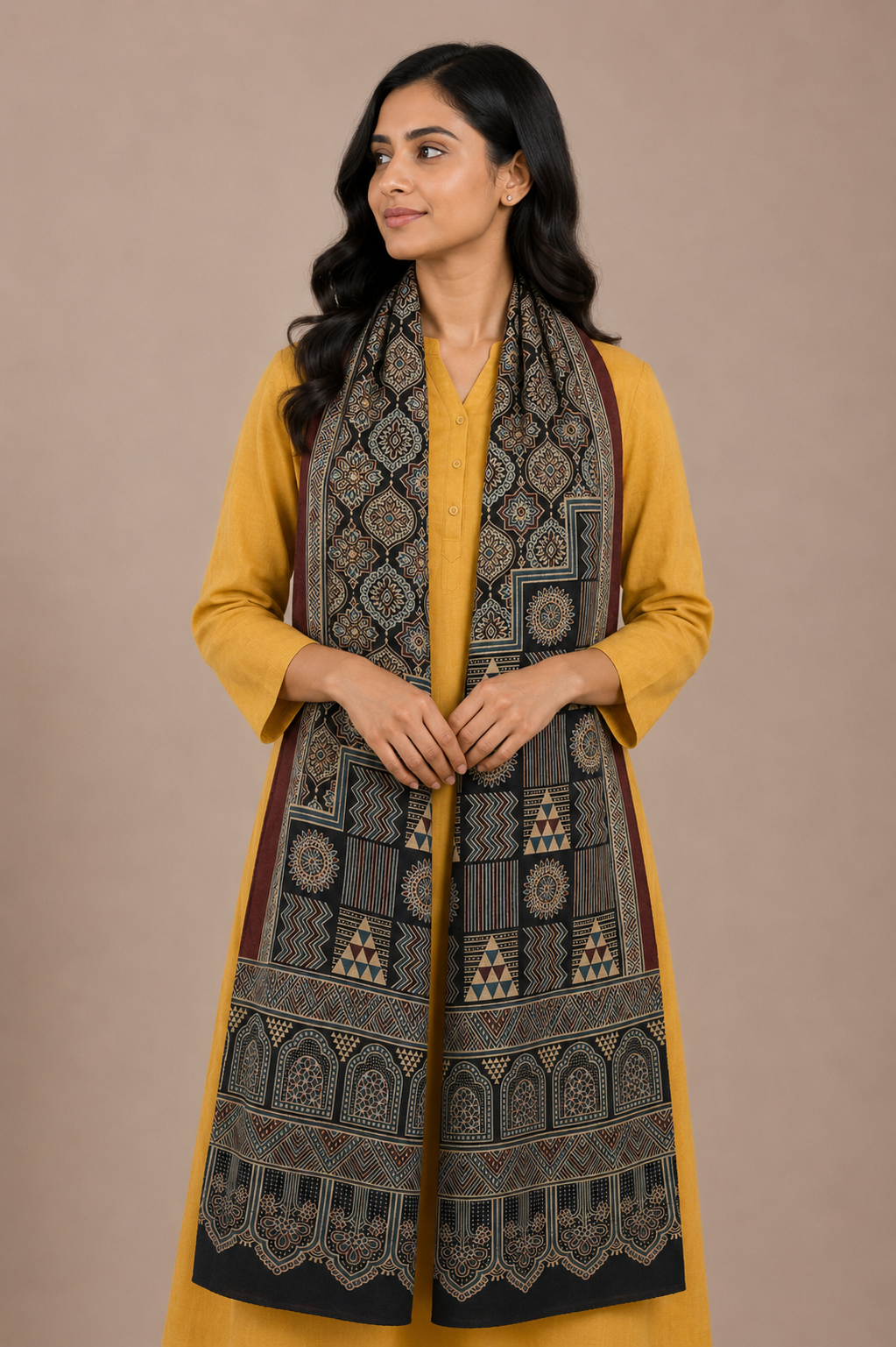 Ajrakh Mashru Silk Natural Dye Screen Print Hand Printed Stole  - 2.1 Mtr Length    -  SKU : JH25601O