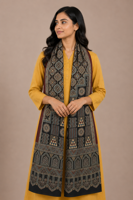 Ajrakh Mashru Silk Natural Dye Screen Print Hand Printed Stole  - 2.1 Mtr Length    -  SKU : JH25601O