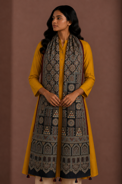 Ajrakh Mashru Silk Natural Dye Screen Print Hand Printed Stole  - 2.1 Mtr Length    -  SKU : JH25601O