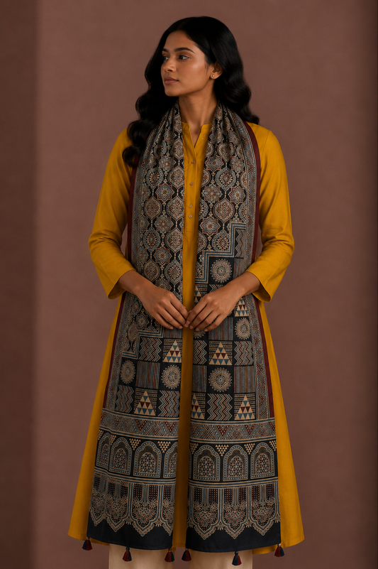 Ajrakh Mashru Silk Natural Dye Screen Print Hand Printed Stole  - 2.1 Mtr Length    -  SKU : JH25601O