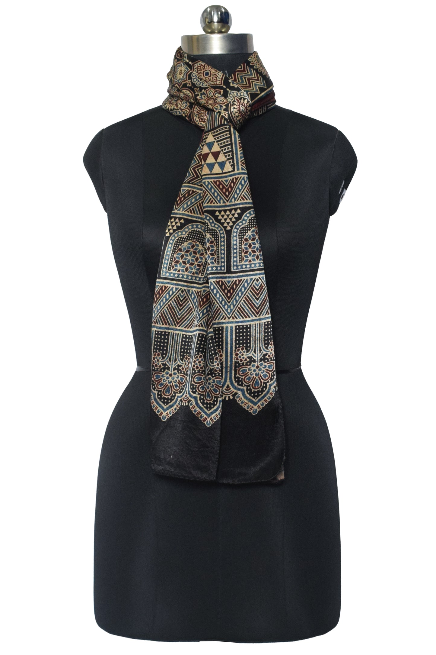 Ajrakh Mashru Silk Natural Dye Screen Print Hand Printed Stole  - 2.1 Mtr Length    -  SKU : JH25601O