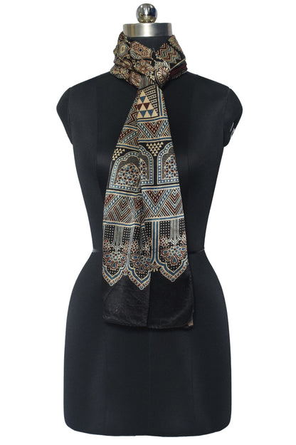 Ajrakh Mashru Silk Natural Dye Screen Print Hand Printed Stole  - 2.1 Mtr Length    -  SKU : JH25601O