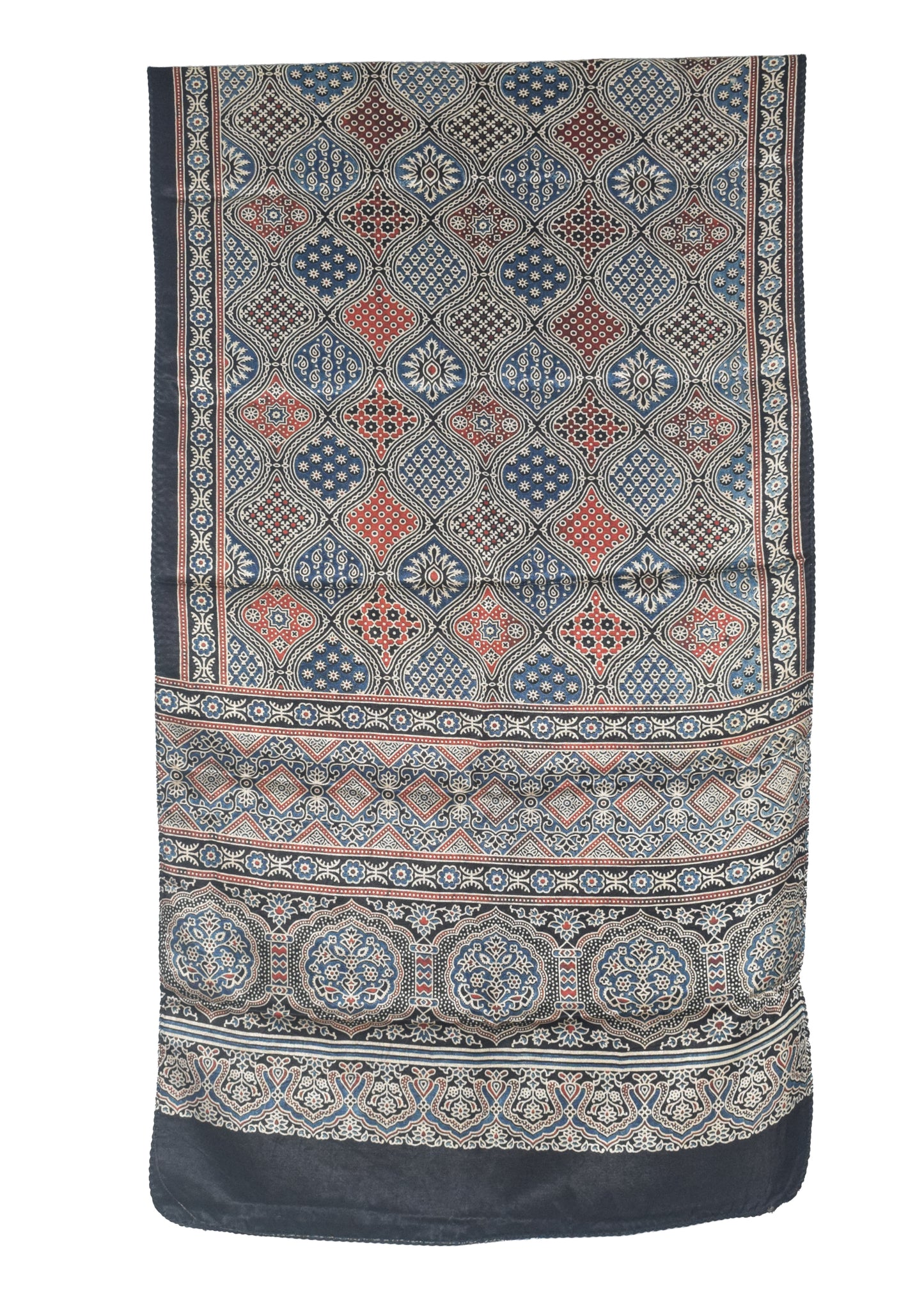 Ajrakh Mashru Silk Natural Dye Three Colour Print | 3 Kam | Screen Print Hand Printed Stole  - 2.1 Mtr Length   -  SKU : RD22703A
