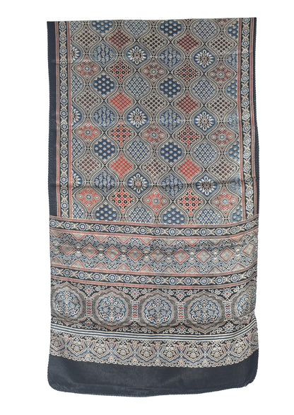 Ajrakh Mashru Silk Natural Dye Three Colour Print | 3 Kam | Screen Print Hand Printed Stole  - 2.1 Mtr Length   -  SKU : RD22703A