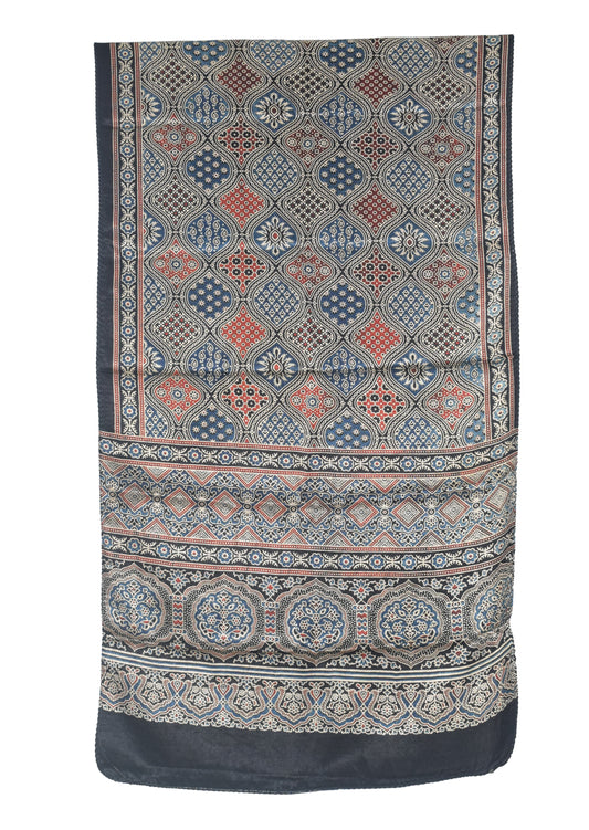 Ajrakh Mashru Silk Natural Dye Three Colour Print | 3 Kam | Screen Print Hand Printed Stole  - 2.1 Mtr Length   -  SKU : RD22703A