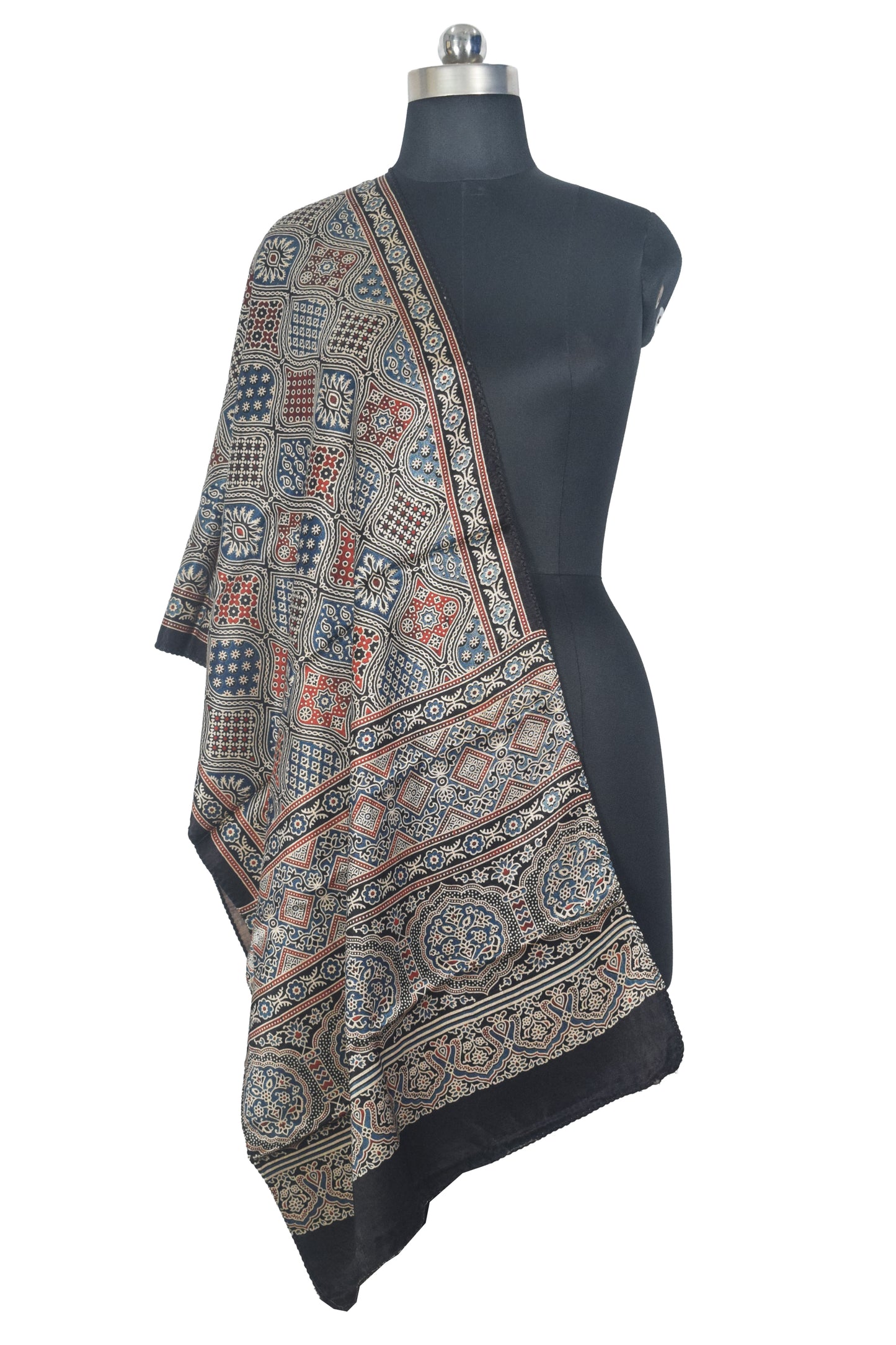 Ajrakh Mashru Silk Natural Dye Three Colour Print | 3 Kam | Screen Print Hand Printed Stole  - 2.1 Mtr Length   -  SKU : RD22703A
