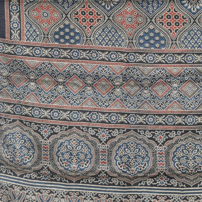 Ajrakh Mashru Silk Natural Dye Three Colour Print | 3 Kam | Screen Print Hand Printed Stole  - 2.1 Mtr Length   -  SKU : RD22703A