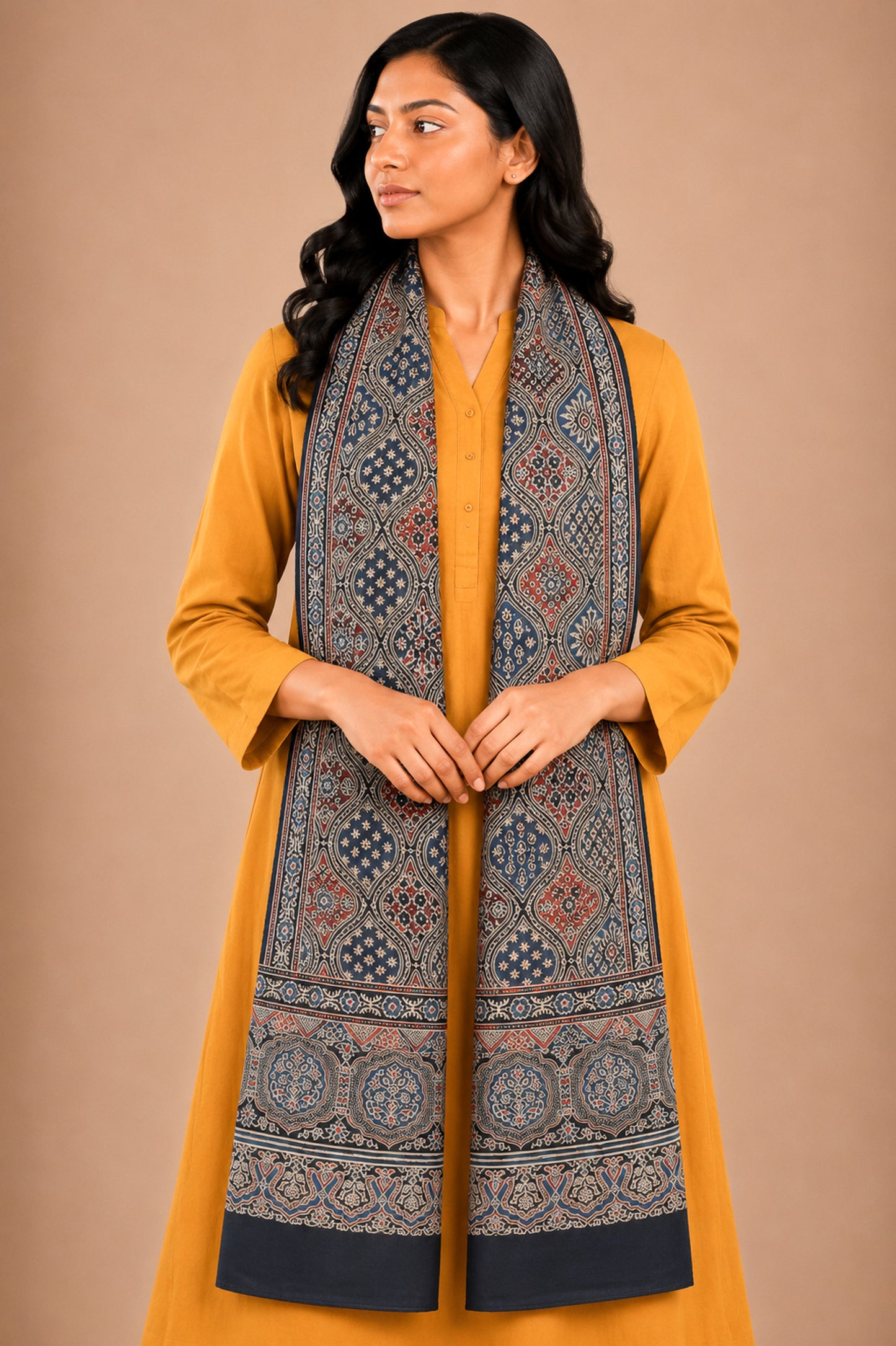 Ajrakh Mashru Silk Natural Dye Three Colour Print | 3 Kam | Screen Print Hand Printed Stole  - 2.1 Mtr Length   -  SKU : RD22703A