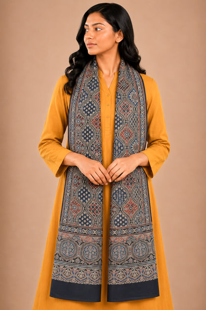 Ajrakh Mashru Silk Natural Dye Three Colour Print | 3 Kam | Screen Print Hand Printed Stole  - 2.1 Mtr Length   -  SKU : RD22703A