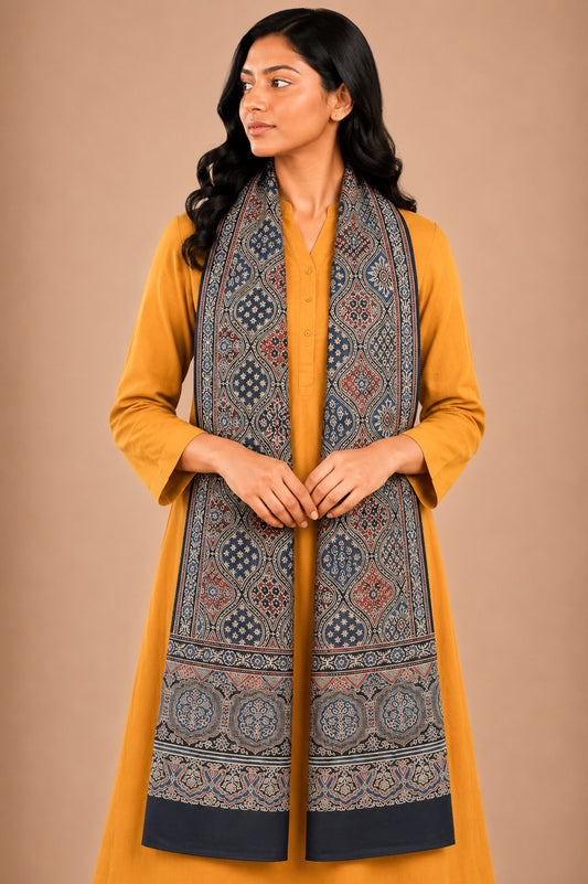 Ajrakh Mashru Silk Natural Dye Three Colour Print | 3 Kam | Screen Print Hand Printed Stole  - 2.1 Mtr Length   -  SKU : RD22703A