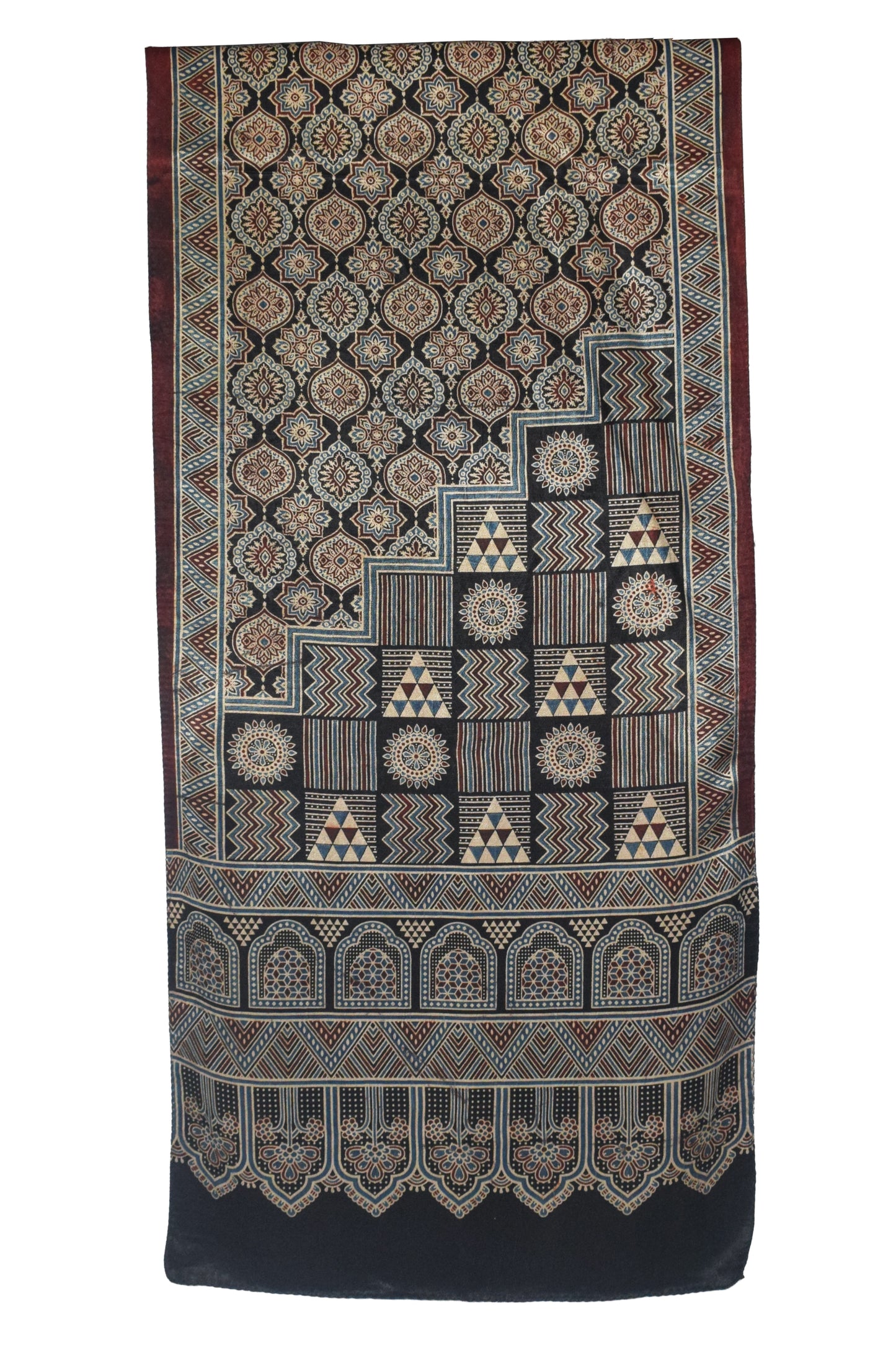 Ajrakh Mashru Silk Natural Dye Three Colour Print | 3 Kam | Screen Hand Printed Stole  - 2.1 Mtr Length   -  SKU : JH29701A