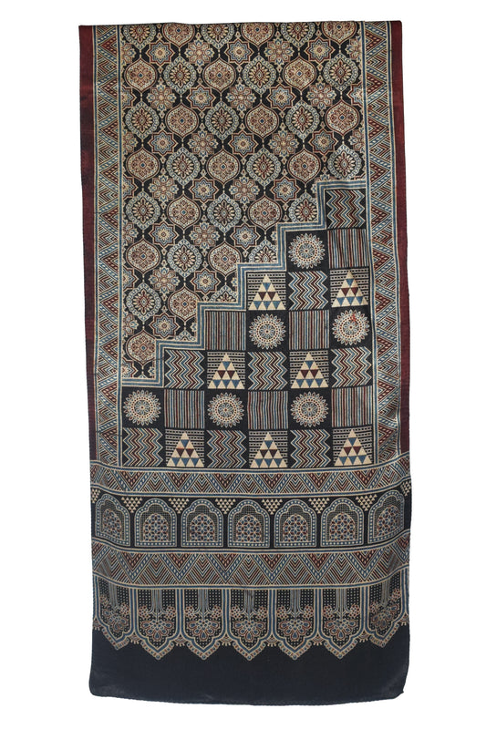 Ajrakh Mashru Silk Natural Dye Three Colour Print | 3 Kam | Screen Hand Printed Stole  - 2.1 Mtr Length   -  SKU : JH29701A