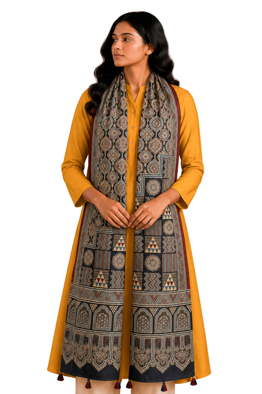 Ajrakh Mashru Silk Natural Dye Three Colour Print | 3 Kam | Screen Hand Printed Stole  - 2.1 Mtr Length   -  SKU : JH29701A