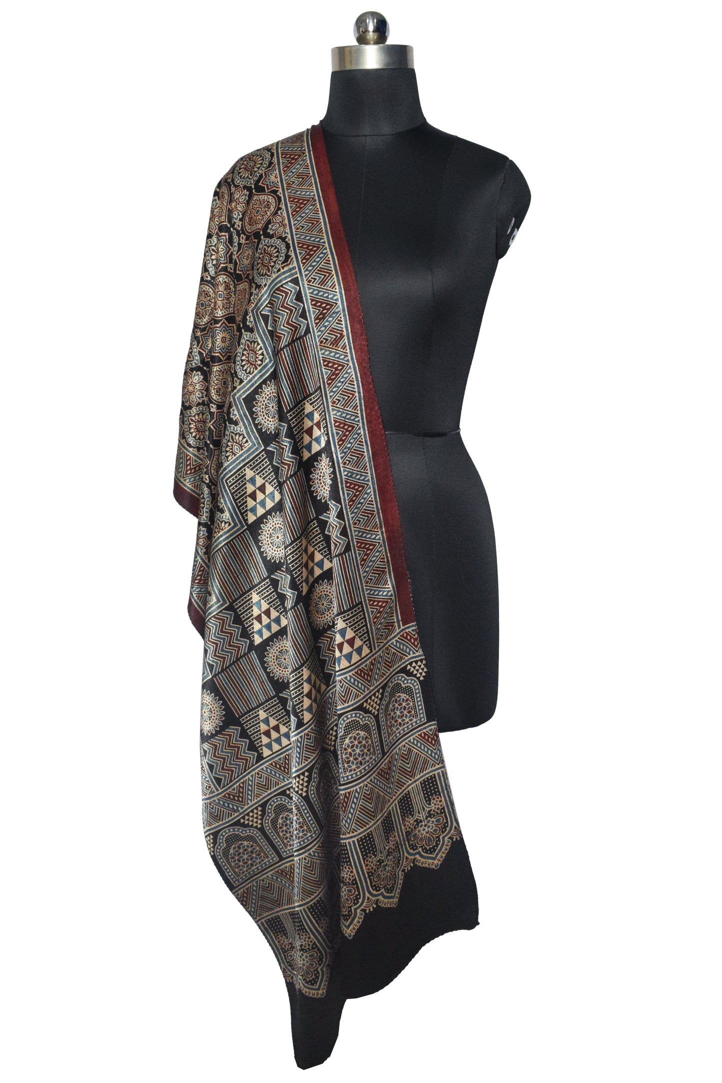Ajrakh Mashru Silk Natural Dye Three Colour Print | 3 Kam | Screen Hand Printed Stole  - 2.1 Mtr Length   -  SKU : JH29701A