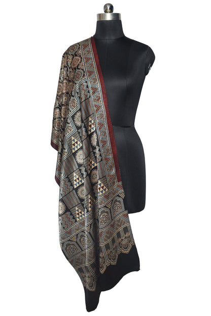 Ajrakh Mashru Silk Natural Dye Three Colour Print | 3 Kam | Screen Hand Printed Stole  - 2.1 Mtr Length   -  SKU : JH29701A