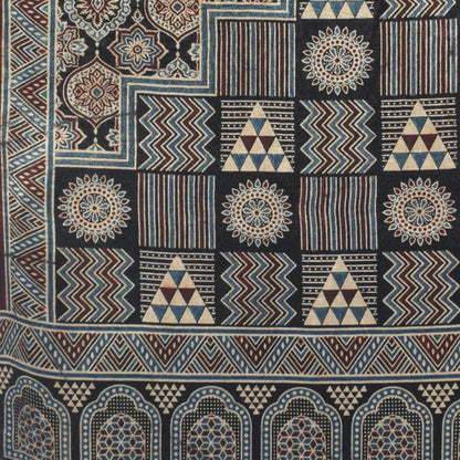 Ajrakh Mashru Silk Natural Dye Three Colour Print | 3 Kam | Screen Hand Printed Stole  - 2.1 Mtr Length   -  SKU : JH29701A