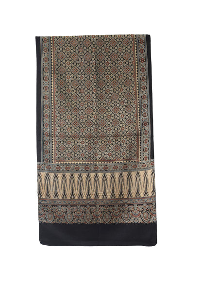 Ajrakh Mashru Silk Natural Dye Three Colour Print | 3 Kam | Screen Hand Printed Stole  - 2.1 Mtr Length   -  SKU : JH29701L