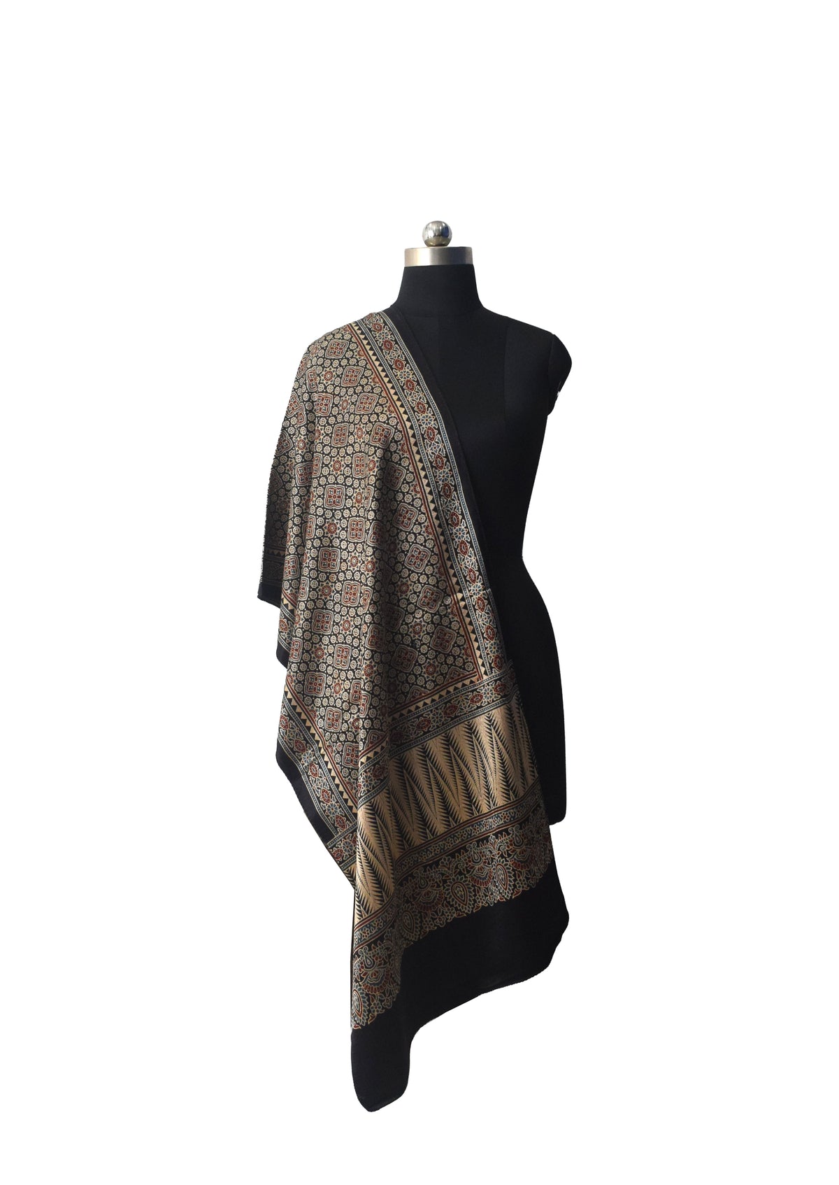 Ajrakh Mashru Silk Natural Dye Three Colour Print | 3 Kam | Screen Hand Printed Stole  - 2.1 Mtr Length   -  SKU : JH29701L