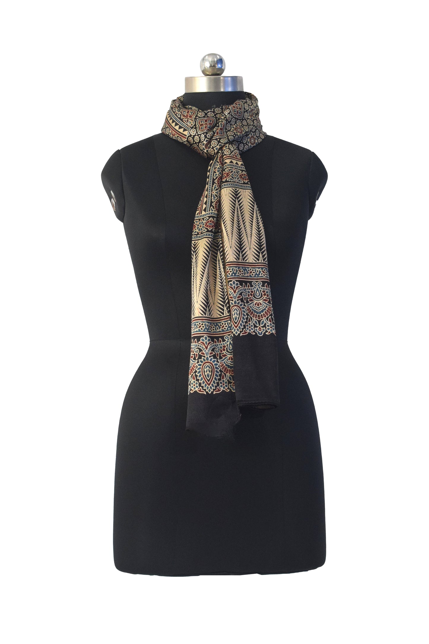 Ajrakh Mashru Silk Natural Dye Three Colour Print | 3 Kam | Screen Hand Printed Stole  - 2.1 Mtr Length   -  SKU : JH29701L
