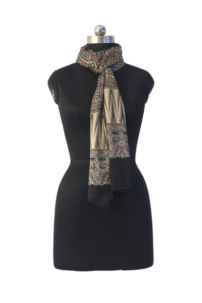 Ajrakh Mashru Silk Natural Dye Three Colour Print | 3 Kam | Screen Hand Printed Stole  - 2.1 Mtr Length   -  SKU : JH29701L