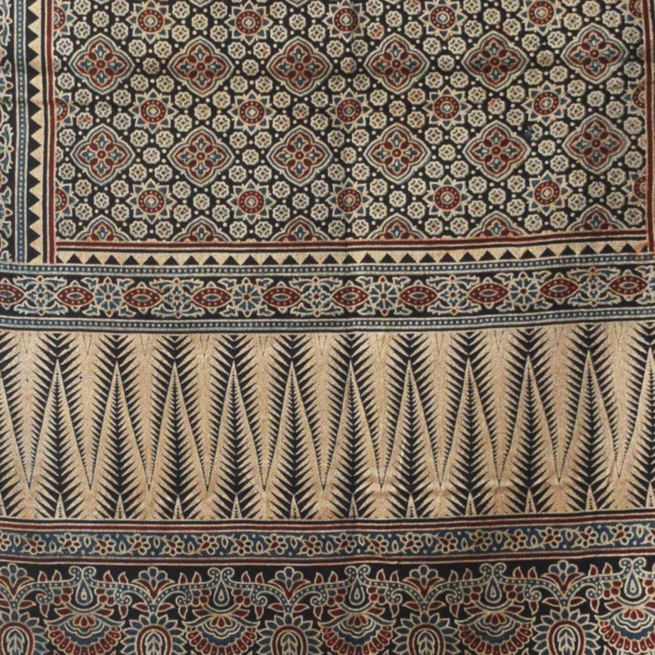 Ajrakh Mashru Silk Natural Dye Three Colour Print | 3 Kam | Screen Hand Printed Stole  - 2.1 Mtr Length   -  SKU : JH29701L
