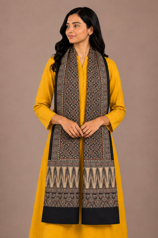 Ajrakh Mashru Silk Natural Dye Three Colour Print | 3 Kam | Screen Hand Printed Stole  - 2.1 Mtr Length   -  SKU : JH29701L