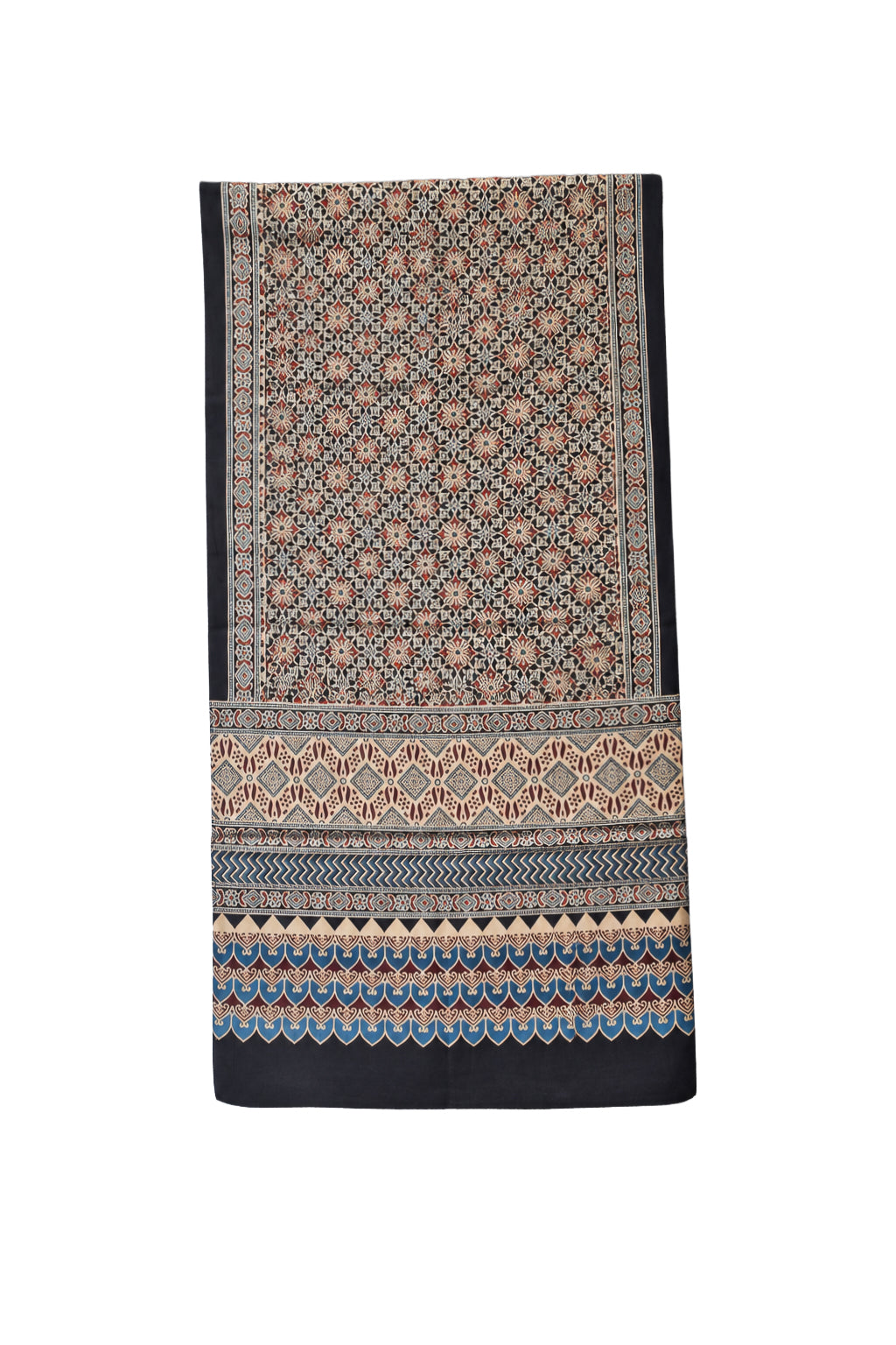 Ajrakh Mashru Silk Natural Dye Three Colour Print | 3 Kam | Screen Hand Printed Stole  - 2.1 Mtr Length   -  SKU : JH29701P