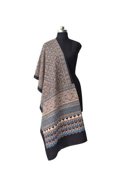 Ajrakh Mashru Silk Natural Dye Three Colour Print | 3 Kam | Screen Hand Printed Stole  - 2.1 Mtr Length   -  SKU : JH29701P