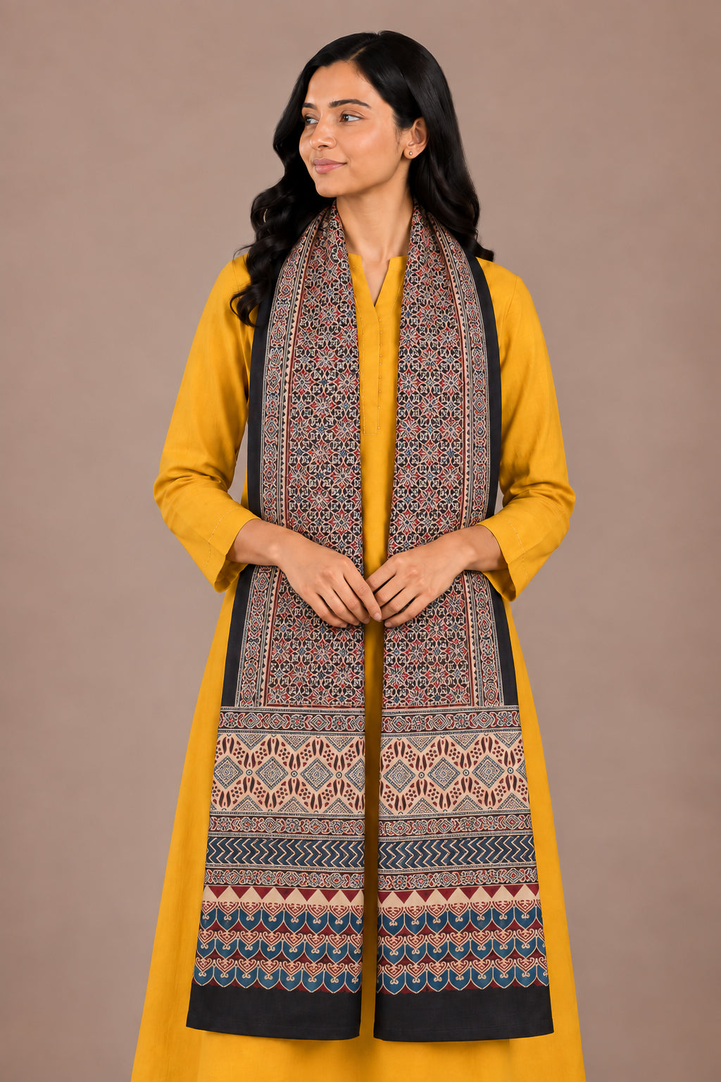 Ajrakh Mashru Silk Natural Dye Three Colour Print | 3 Kam | Screen Hand Printed Stole  - 2.1 Mtr Length   -  SKU : JH29701P