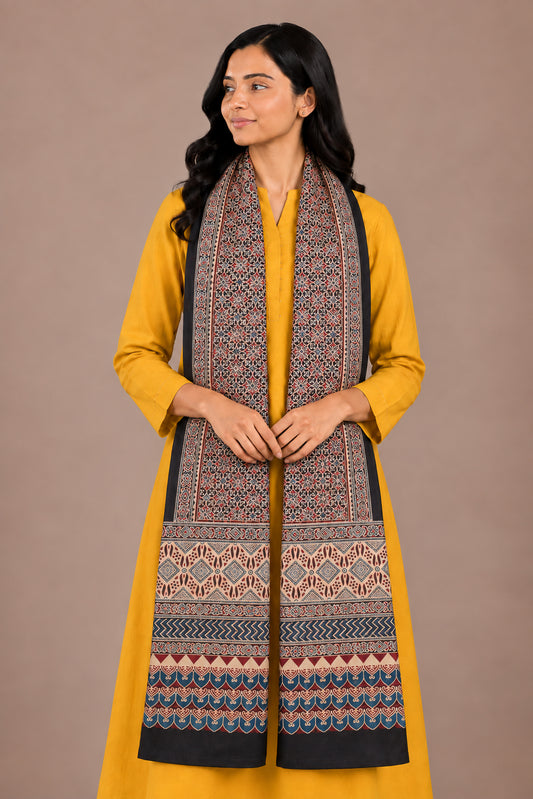 Ajrakh Mashru Silk Natural Dye Three Colour Print | 3 Kam | Screen Hand Printed Stole  - 2.1 Mtr Length   -  SKU : JH29701P