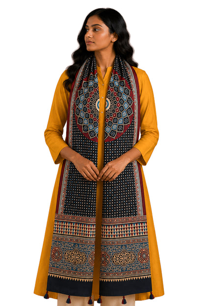 Ajrakh Mashru Silk Natural Dye Three Colour Print | 3 Kam | Screen Hand Printed Stole  - 2.1 Mtr Length   -  SKU : JH29701X