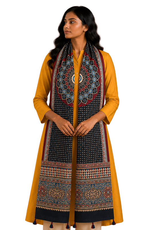 Ajrakh Mashru Silk Natural Dye Three Colour Print | 3 Kam | Screen Hand Printed Stole  - 2.1 Mtr Length   -  SKU : JH29701X