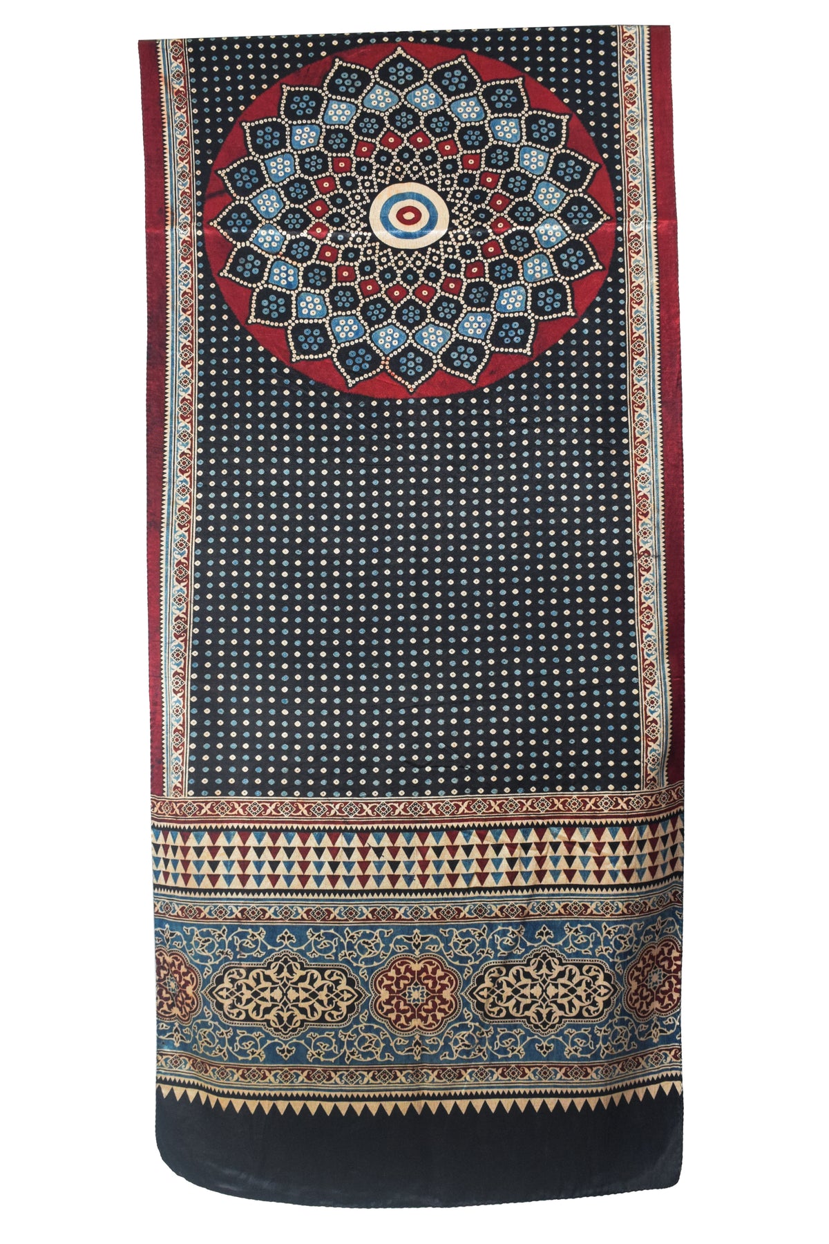 Ajrakh Mashru Silk Natural Dye Three Colour Print | 3 Kam | Screen Hand Printed Stole  - 2.1 Mtr Length   -  SKU : JH29701X