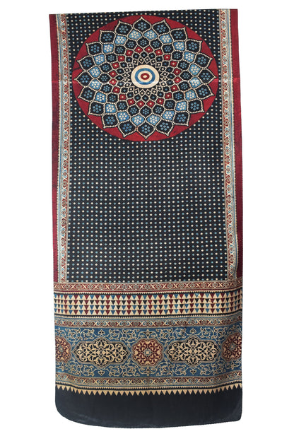 Ajrakh Mashru Silk Natural Dye Three Colour Print | 3 Kam | Screen Hand Printed Stole  - 2.1 Mtr Length   -  SKU : JH29701X