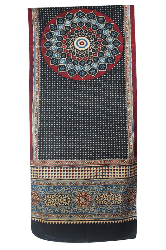 Ajrakh Mashru Silk Natural Dye Three Colour Print | 3 Kam | Screen Hand Printed Stole  - 2.1 Mtr Length   -  SKU : JH29701X