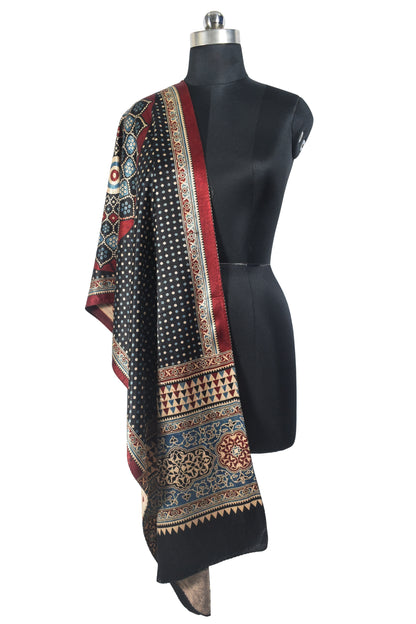 Ajrakh Mashru Silk Natural Dye Three Colour Print | 3 Kam | Screen Hand Printed Stole  - 2.1 Mtr Length   -  SKU : JH29701X