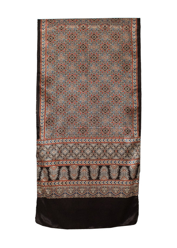 Ajrakh Mashru Silk Natural Dye Screen Print Hand Printed Stole With Tassels     -  SKU : ID22701L