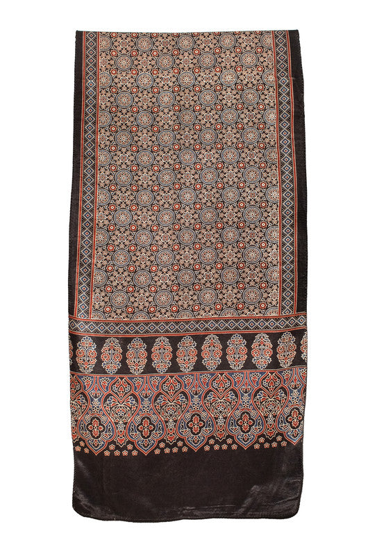 Ajrakh Mashru Silk Natural Dye Screen Print Hand Printed Stole With Tassels     -  SKU : ID22701P