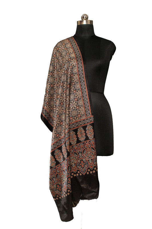 Ajrakh Mashru Silk Natural Dye Screen Print Hand Printed Stole With Tassels     -  SKU : ID22701P