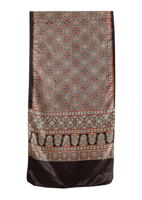 Ajrakh Mashru Silk Natural Dye Screen Print Hand Printed Stole With Tassels     -  SKU : ID22701U