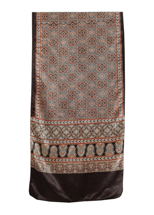 Ajrakh Mashru Silk Natural Dye Screen Print Hand Printed Stole With Tassels     -  SKU : ID22701U