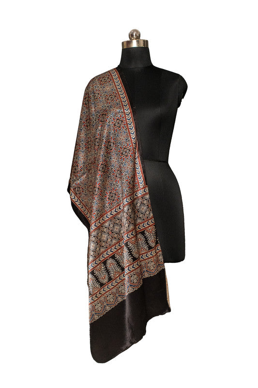 Ajrakh Mashru Silk Natural Dye Screen Print Hand Printed Stole With Tassels     -  SKU : ID22701U