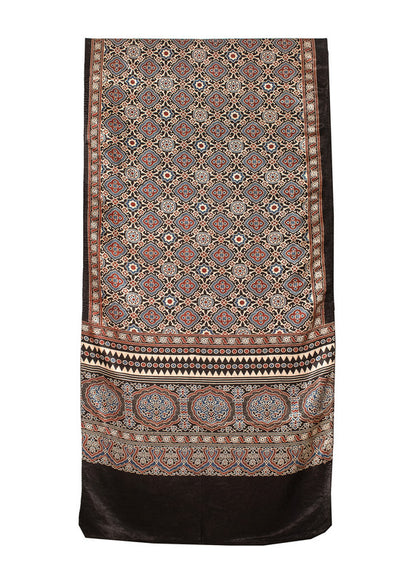 Ajrakh Mashru Silk Natural Dye Screen Print Hand Printed Stole With Tassels     -  SKU : ID22701W