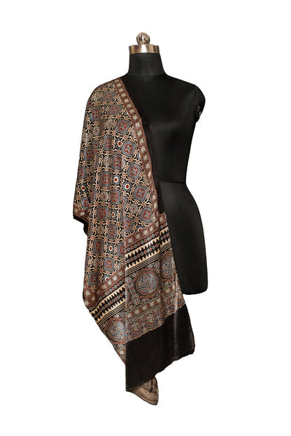 Ajrakh Mashru Silk Natural Dye Screen Print Hand Printed Stole With Tassels     -  SKU : ID22701W