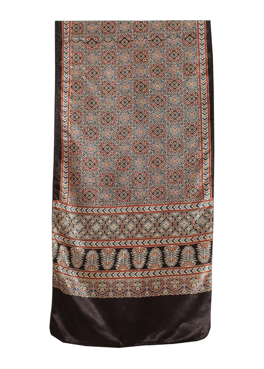 Ajrakh Mashru Silk Natural Dye Screen Print Hand Printed Stole  - 2.1 Mtr Length    -  SKU : ID22701U