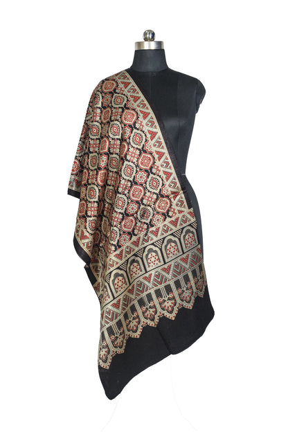 Ajrakh Mashru Silk Natural Dye Three Colour Print ( 3 Kam ) Screen Print Hand Printed Stole  - 2.1 Mtr Length    -  SKU : JH02C01B