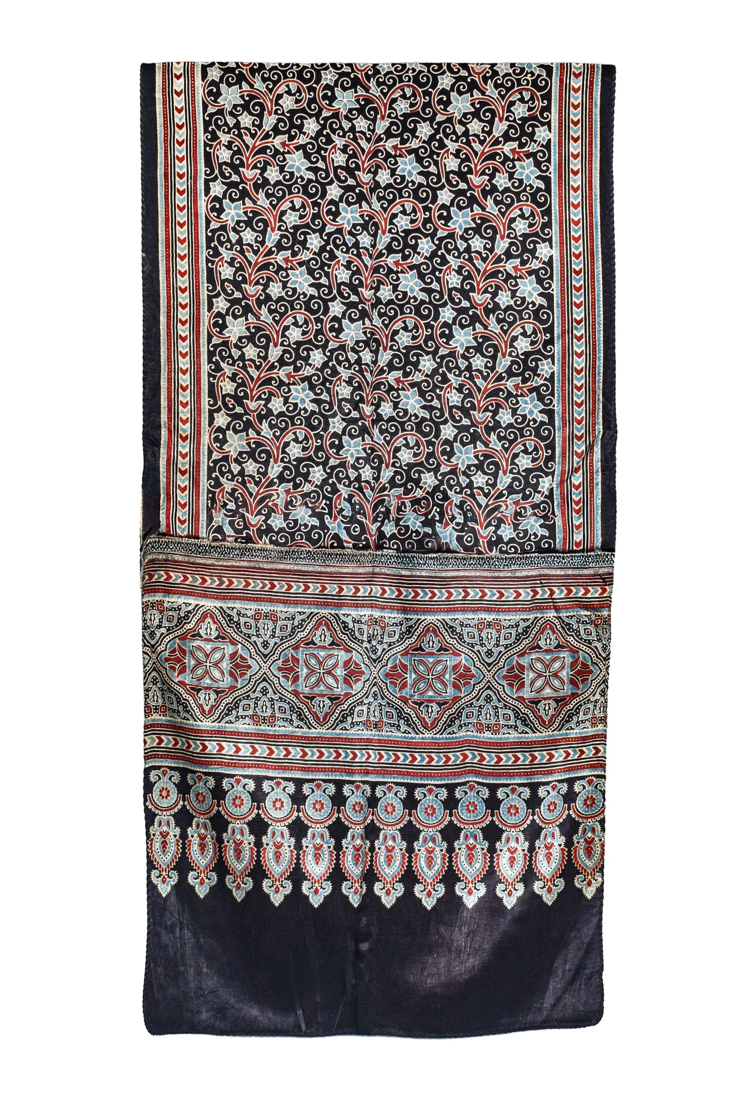 Ajrakh Mashru Silk Natural Dye Three Colour Print ( 3 Kam ) Screen Print Hand Printed Stole  - 2.1 Mtr Length    -  SKU : JH02C01F
