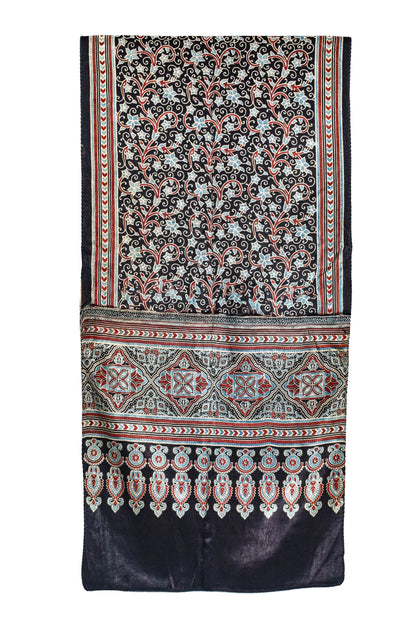 Ajrakh Mashru Silk Natural Dye Three Colour Print ( 3 Kam ) Screen Print Hand Printed Stole  - 2.1 Mtr Length    -  SKU : JH02C01F