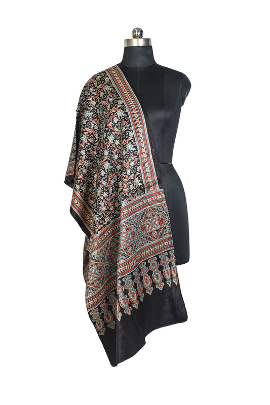 Ajrakh Mashru Silk Natural Dye Three Colour Print ( 3 Kam ) Screen Print Hand Printed Stole  - 2.1 Mtr Length    -  SKU : JH02C01F